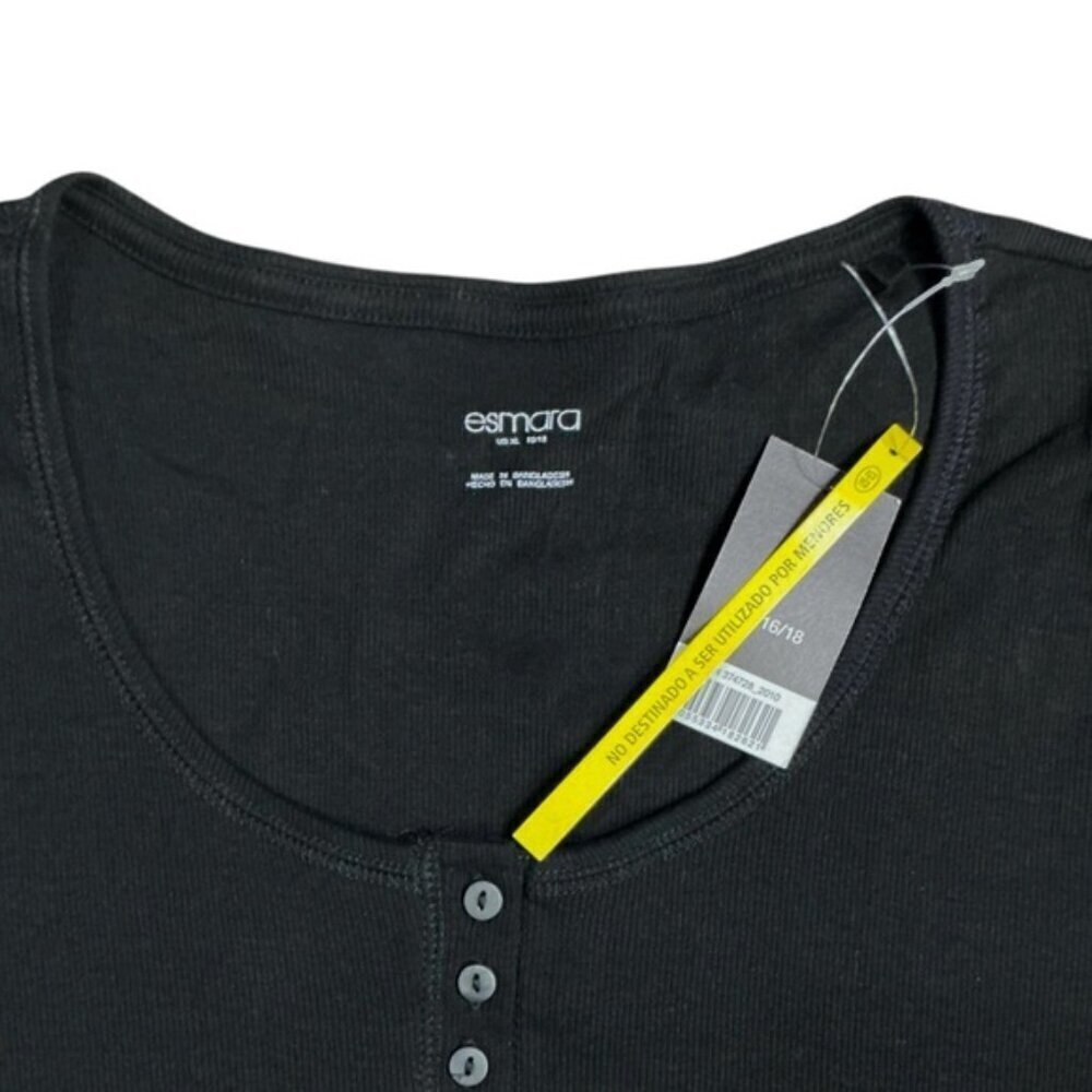 Esmara Long Sleeve Henley Ribbed Top Round Neck Tee Button Detail Black XL 16/18 - Picture 7 of 16